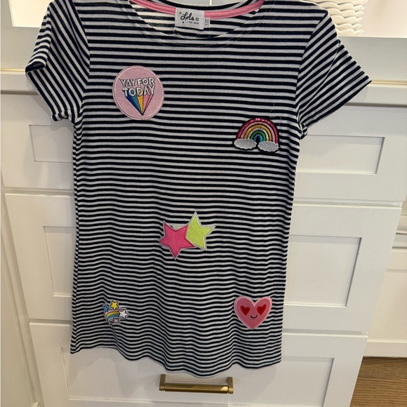 Lola Kids Navy Striped Dress with Colorful Patches - Picture 1 of 5